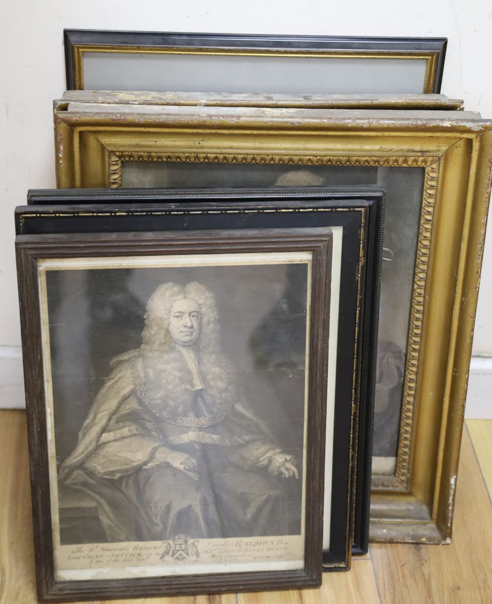 Six assorted antique engravings, Portraits of William Pitt, Oliver Cromwell, Robert Lloyd Raymond, Prince George of Denmark, Sir